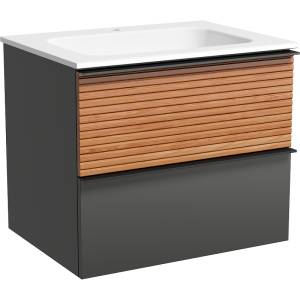 Тумба под раковину Sancos Delta DL60GR 590х445х500, c двумя ящиками Soft close, ручки чёрные, дуб красный/графит