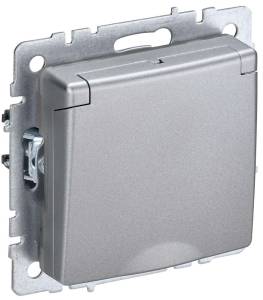 Розетка 1-местная с заземлением, шторками и крышкой IEK Brite BR-R16-16-K47 алюминий