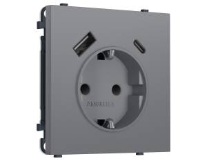 Комплект механизма электрической розетки 2USB A+C 20W с заземлением со шторками Ambrella Volt Sigma MS870010 платиново-серый мягкое касание