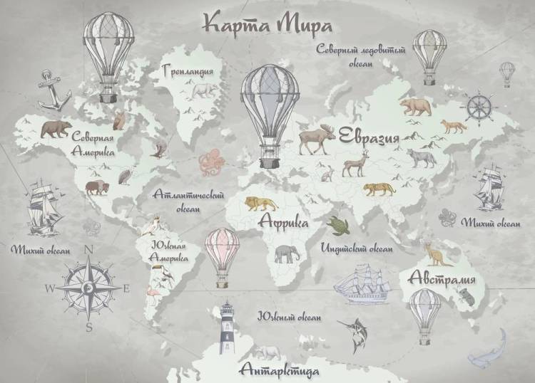 3D Фотообои Artegrafico «Стильная карта мира в серых тонах» KID-028 акварель