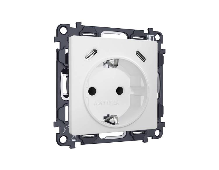 Комплект механизма электрической розетки 2USB C+C 20W с заземлением Ambrella Volt MA MA130510 белый матовый