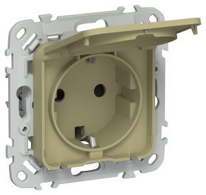 Розетка 1-местная с заземлением, шторками и крышкой IEK Flite FI-R16-16-44-K26 оливковый