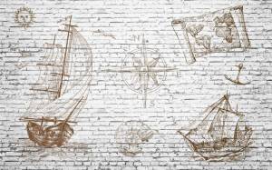 3D Фотообои Artegrafico «Кирпичная стена с фрегатом» LOFT-002 акварель