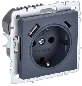 Розетка 1-местная с заземлением, шторками и USB Type A+С IEK Brite BR-R14-16-U22-018-K35 маренго