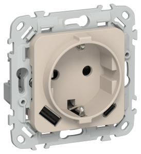 Розетка 1-местная с заземлением, шторками и USB Type A+С IEK Flite FI-R14-16-1-U22-020-K88 льняной