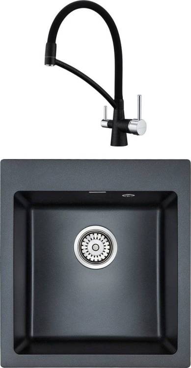 Комплект Paulmark Zemar PM104651-BLM черный металлик + Смеситель Paulmark Siegen Si213111-418 для кухонной мойки, черный металлик