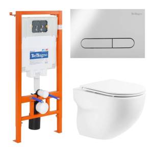 Унитаз с инсталляцией BelBagno Onda BB066CHR/BB870SC/BB002-80/BB005-PR-CHROME безободковый, с крышкой-сиденьем микролифт, с кнопкой глянцевый хром