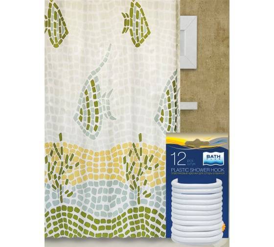Штора для ванной Bath Plus Ocean Mosaic akch-1230/1 с кольцами, 180x180, зеленый
