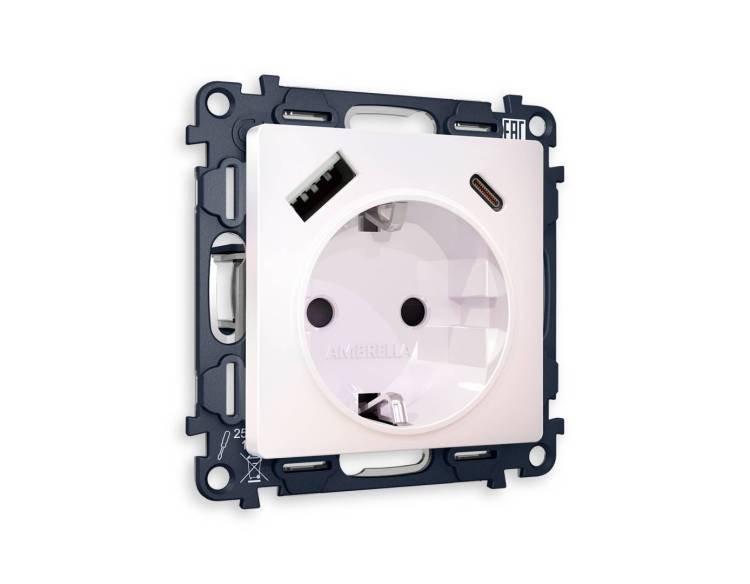 Комплект механизма электрической розетки 2USB A+C 20W (быстрая зарядка) с заземлением Ambrella Volt Alfa MA210010