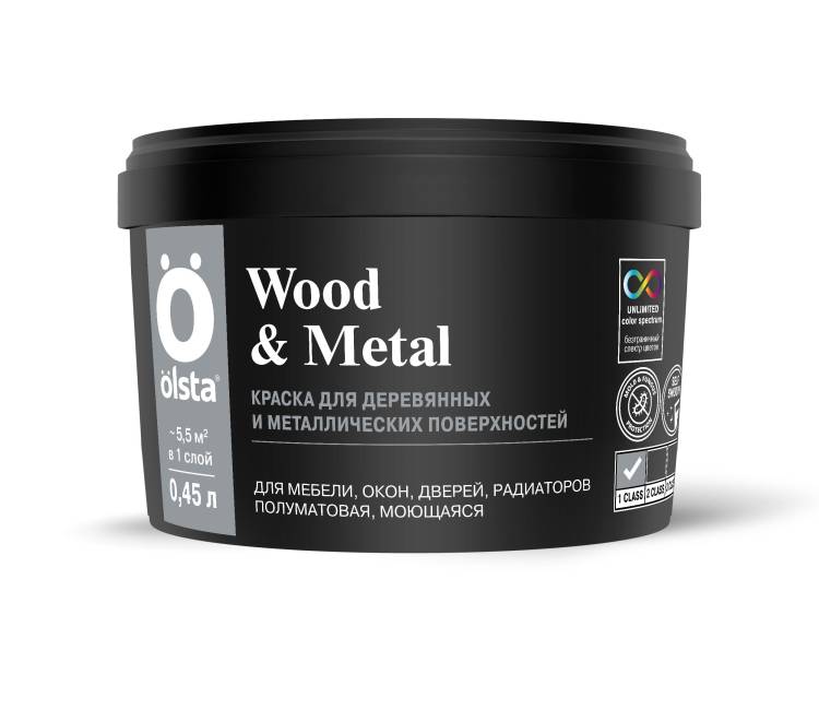 Краска универсальная по дереву и металлу Olsta Wood&Metal полуматовая база А 0.45 л