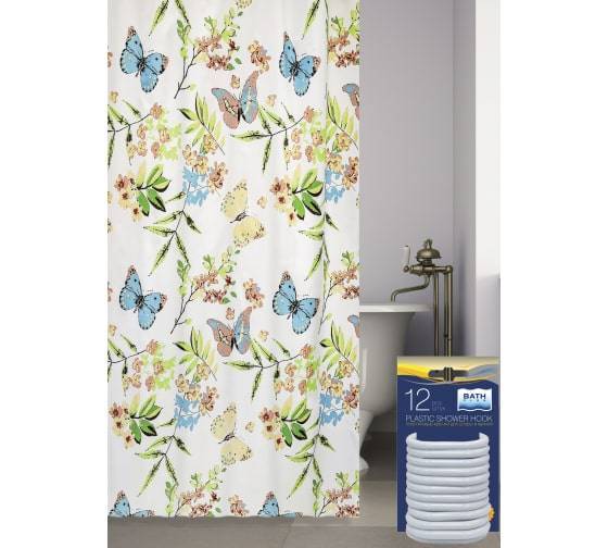 Штора для ванной Bath Plus Flying Garden akch14041 с кольцами, 180x200, голубой, зеленый
