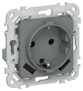 Розетка 1-местная с заземлением, шторками и USB Type A+A IEK Flite FI-R14-16-U21-D31-K80 мокрый асфальт