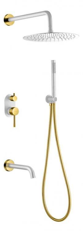 Душевой комплект Boheme Uno 464-2-WG смеситель+верхний+ручной душ, белый золото с изливом
