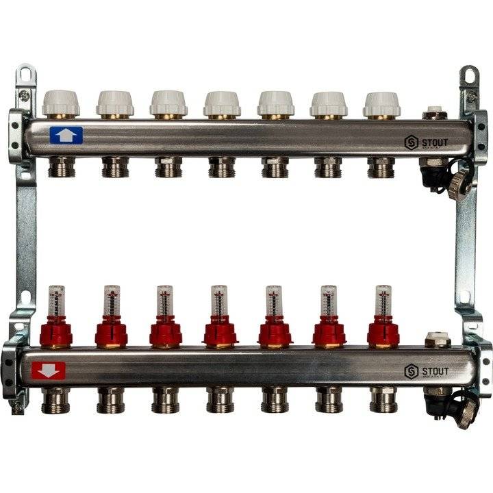 Коллектор Stout из нержавеющей стали с расходомерами, с клапаном вып. воздуха и сливом 1/3/4x7, SMS-0927-000007