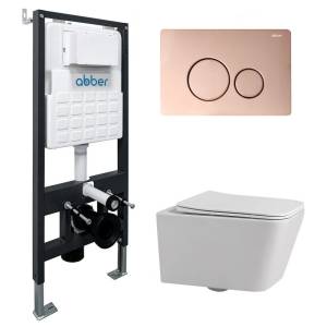 Комплект Abber Rechteck AC1201-AC0105-AC0121RG унитаз подвесной, безободковый, сиденье микролифт, белый, кнопка золото розовое