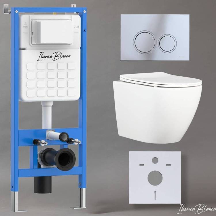 Комплект Iberica Blanca Bilbao Alto IB001.BLA.231.823 унитаз безободковый, белый, сиденье микролифт, клавиша смыва хром матовый