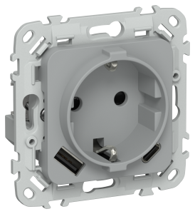 Розетка 1-местная с заземлением, шторками и USB Type A+С IEK Flite FI-R14-16-1-U22-020-K03 серый