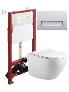 Унитаз с инсталляцией Agger ATI09150L+APB200 безободковый, с крышкой-сиденьем микролифт, с кнопкой хром