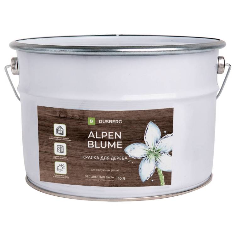 Краска укрывная эластичная для дерева Dusberg Alpenblume 6110 бесцветная база С 10 л