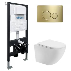 Комплект Abber Bequem AC1100T-AC0105-AC0121MMG унитаз подвесной, безободковый, сиденье микролифт, белый, кнопка золото матовое