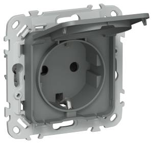 Розетка 1-местная с заземлением, шторками и крышкой IEK Flite FI-R16-16-1-44-K80 мокрый асфальт