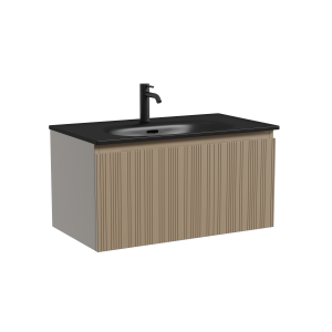 Тумба с раковиной Sancos Code подвесная, 80x46x42, c одним ящиком оснащенным доводчиками, Серо - бежевый, раковина черная