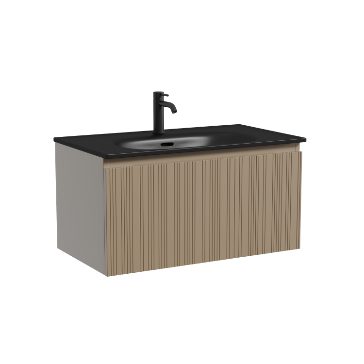 Тумба с раковиной Sancos Code подвесная, 80x46x42, c одним ящиком оснащенным доводчиками, Серо - бежевый, раковина черная