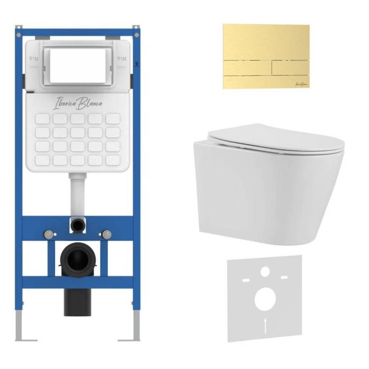 Комплект Iberica Blanca Burgos Alto IB001.BRA.231.1603 унитаз безободковый, белый, сиденье микролифт, клавиша смыва золото матовое
