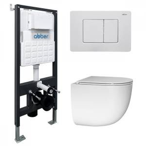 Унитаз с инсталляцией Abber Bequem AC1132TC-AC0105-AC0120MW безободковый, сиденье микролифт, кнопка белая матовая