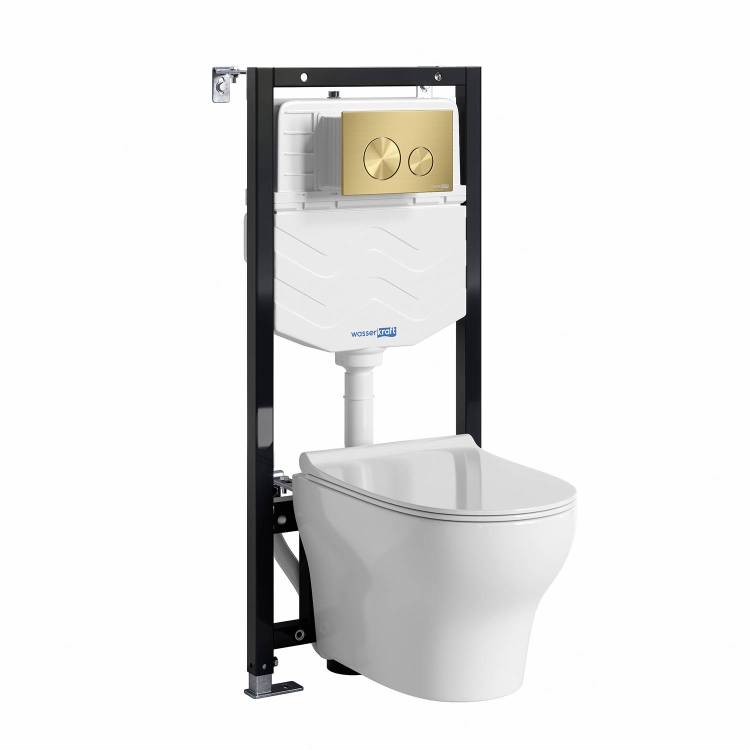 Унитаз с инсталляцией Wasserkraft Аллер (Aller) 10TLT.010.ME.MG02.H001 безободковый, сиденье микролифт, кнопка золото матовое