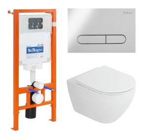 Комплект Унитаз подвесной Cezares Stylus-Tor CZR-6601-TH-TOR безободковый, с сиденьем микролифт + инсталляция BelBagno с кнопкой смыва Хром