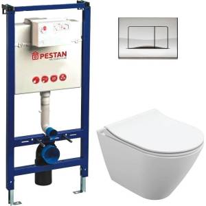 Комплект Унитаз подвесной Cersanit City Oval Clean On DPL EO slim + Инсталляция Pestan Fluenta 40006356 + Кнопка 40006361 хром