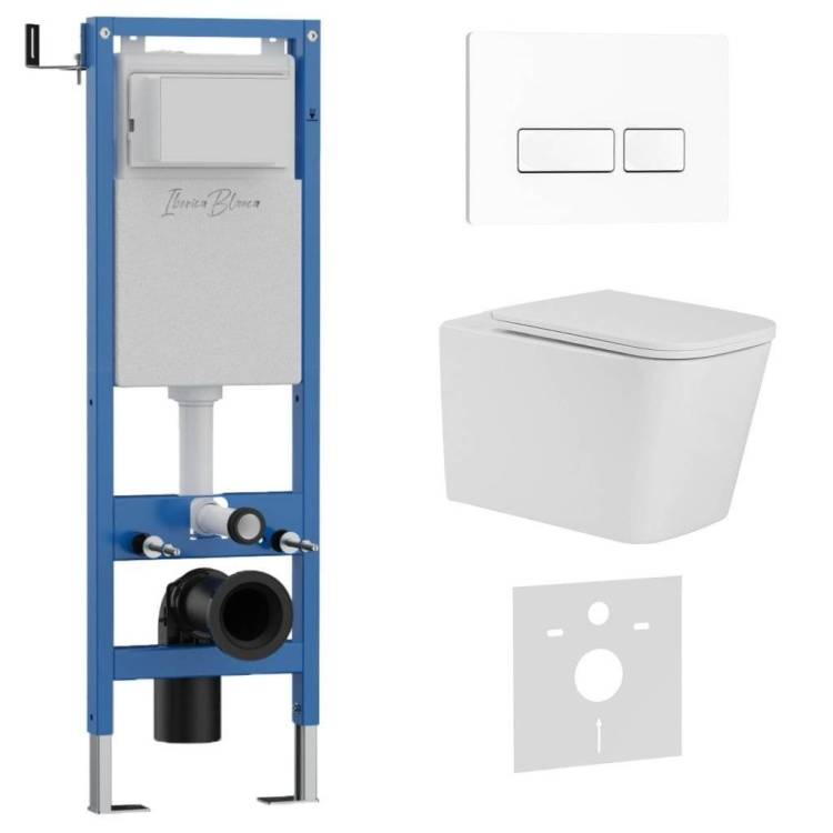 Унитаз с инсталляцией Iberica Blanca Toledo Alto IB.001M.TLA.234.211 безободковый, с крышкой-сиденьем микролифт, с белой глянцевой кнопкой