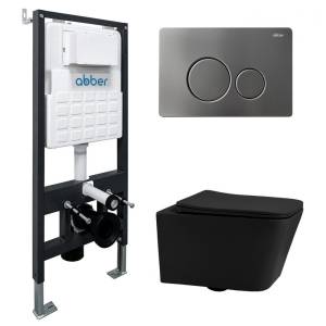 Комплект Abber Rechteck AC1201MB-AC0105-AC0121NG унитаз подвесной, безободковый, сиденье микролифт, черный матовый, кнопка никель