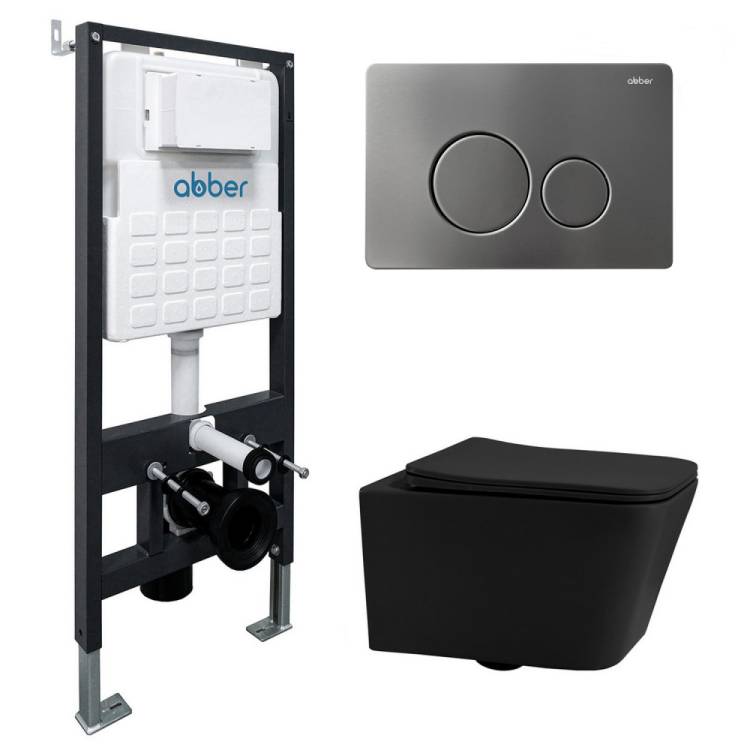 Комплект Abber Rechteck AC1201MB-AC0105-AC0121NG унитаз подвесной, безободковый, сиденье микролифт, черный матовый, кнопка никель