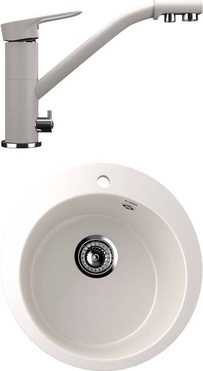 Комплект Мойка кухонная Ulgran U-405-331 белая + Смеситель для кухни Ulgran U-010-331 белый