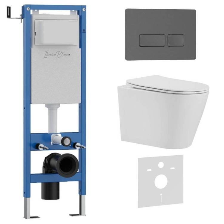 Унитаз с инсталляцией Iberica Blanca Burgos Alto IB.001M.BRA.231.218 безободковый, с крышкой-сиденьем микролифт, с серой матовой кнопкой
