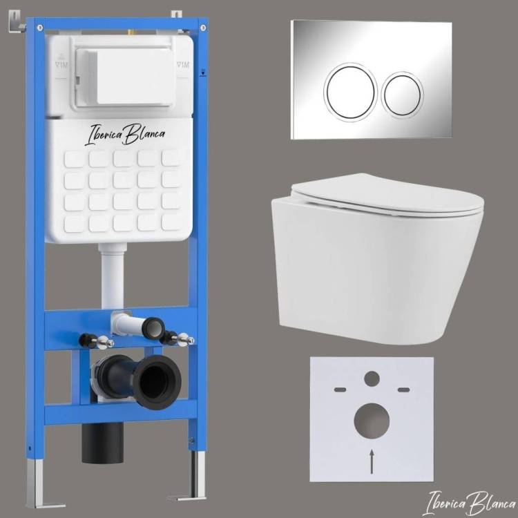 Комплект Iberica Blanca Burgos Alto IB001.BRA.234.823 унитаз безободковый, белый, сиденье микролифт, клавиша смыва хром глянцевый