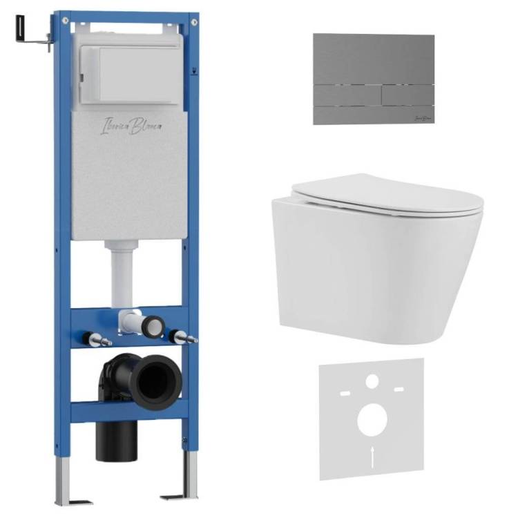Комплект Iberica Blanca Burgos Alto IB.001M.BRA.231.1602 унитаз безободковый, белый, сиденье микролифт, клавиша смыва вороненая сталь