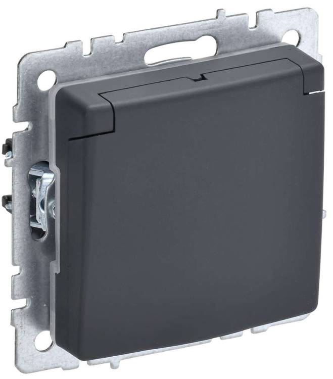 Розетка 1-местная с заземлением, шторками и крышкой IEK Brite BR-R16-16-44-K53 графит