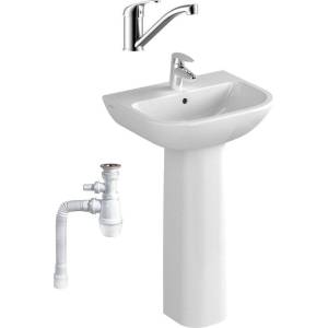 Комплект Раковина Vitra S20 5503B003 + Пьедестал Vitra S20 5529B003 + Смеситель Rossinka Y Y35-22 + Сифон Wirquin Минор с отводом для стиральной машины