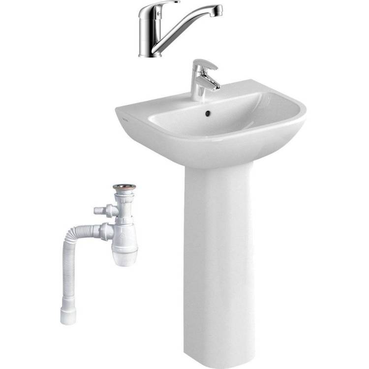 Комплект Раковина Vitra S20 5503B003 + Пьедестал Vitra S20 5529B003 + Смеситель Rossinka Y Y35-22 + Сифон Wirquin Минор с отводом для стиральной машины