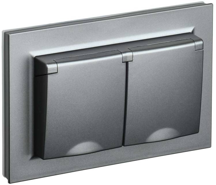 Розетка 2-местная с заземлением, шторками и крышкой IEK Brite BR-R26-16-44-K46-F сталь