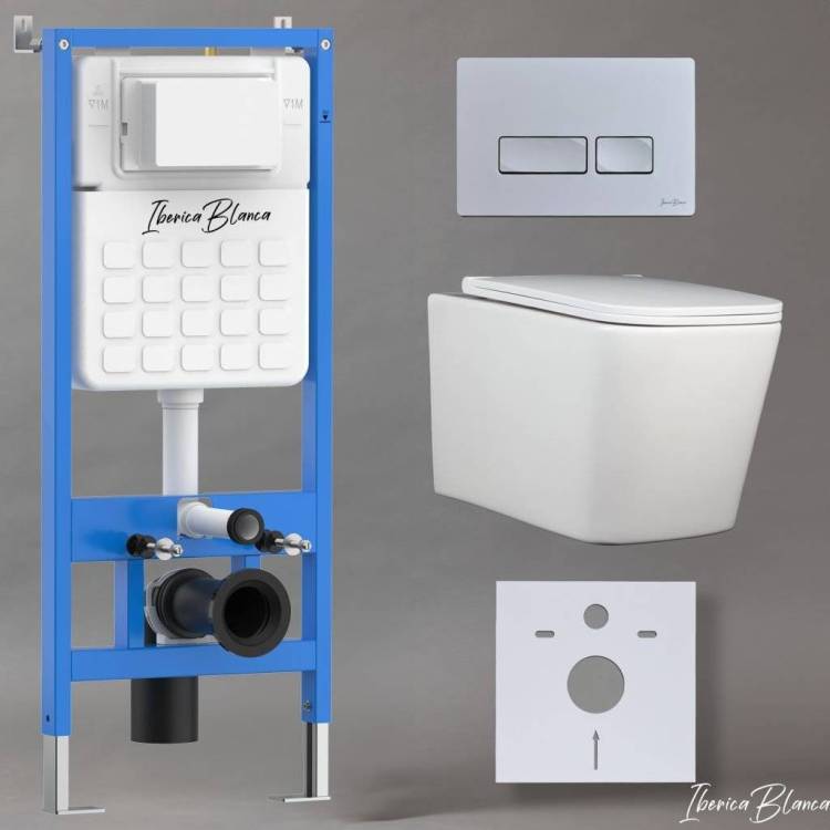 Унитаз с инсталляцией Iberica Blanca Toledo Alto IB001.TLA.231.214 безободковый, с крышкой-сиденьем микролифт, с кнопкой матовый хром