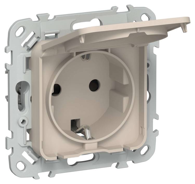 Розетка 1-местная с заземлением, шторками и крышкой IEK Flite FI-R16-16-44-K88 льняной