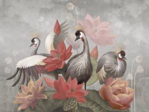 Бесшовные Eco обои Ortograf Animality 34689 Crowned storks and flowers Ворс ОЕ