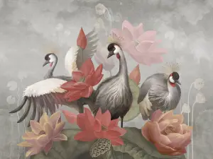 Бесшовные Eco обои Ortograf Animality 34689 Crowned storks and flowers Ворс ОЕ