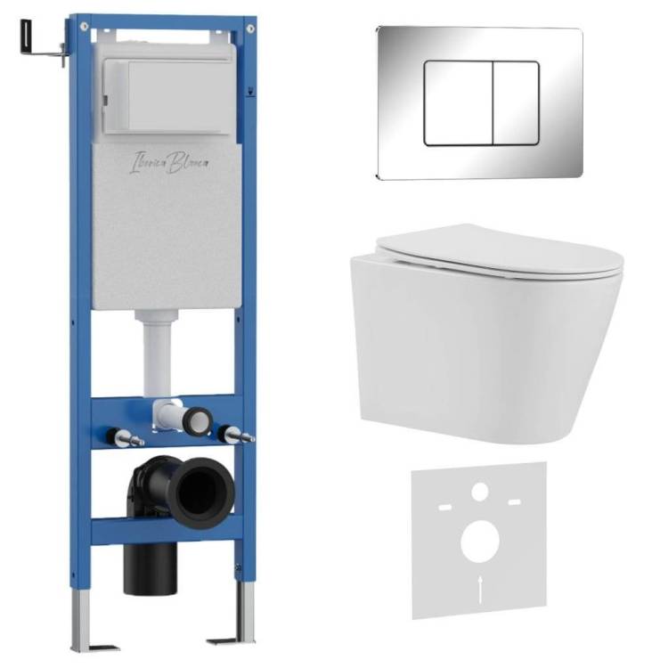 Унитаз с инсталляцией Iberica Blanca Burgos Alto IB.001M.BRA.234.1131 безободковый, с крышкой-сиденьем микролифт, с кнопкой глянцевый хром