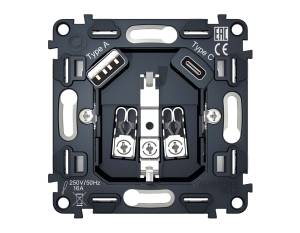 Механизм электрической розетки 2USB A+C 20W (быстрая зарядка) с заземлением на винтовых зажимах Ambrella Volt Quant VM160