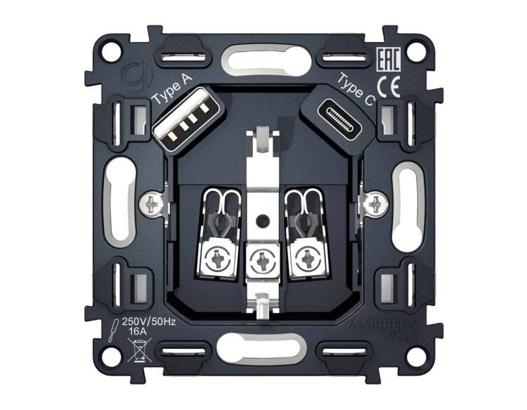 Механизм электрической розетки 2USB A+C 20W (быстрая зарядка) с заземлением на винтовых зажимах Ambrella Volt Quant VM160